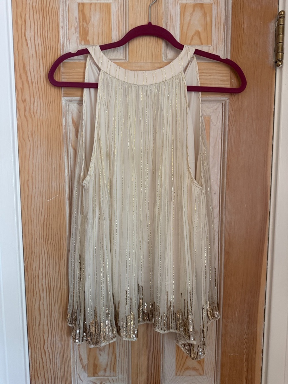Anthropologie Ranna Gill Cream and Gold Sequin Sleeveless Pleated Top
